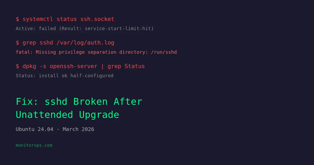 Reparar sshd roto por actualización desatendida en Ubuntu 24.04 (marzo 2026)