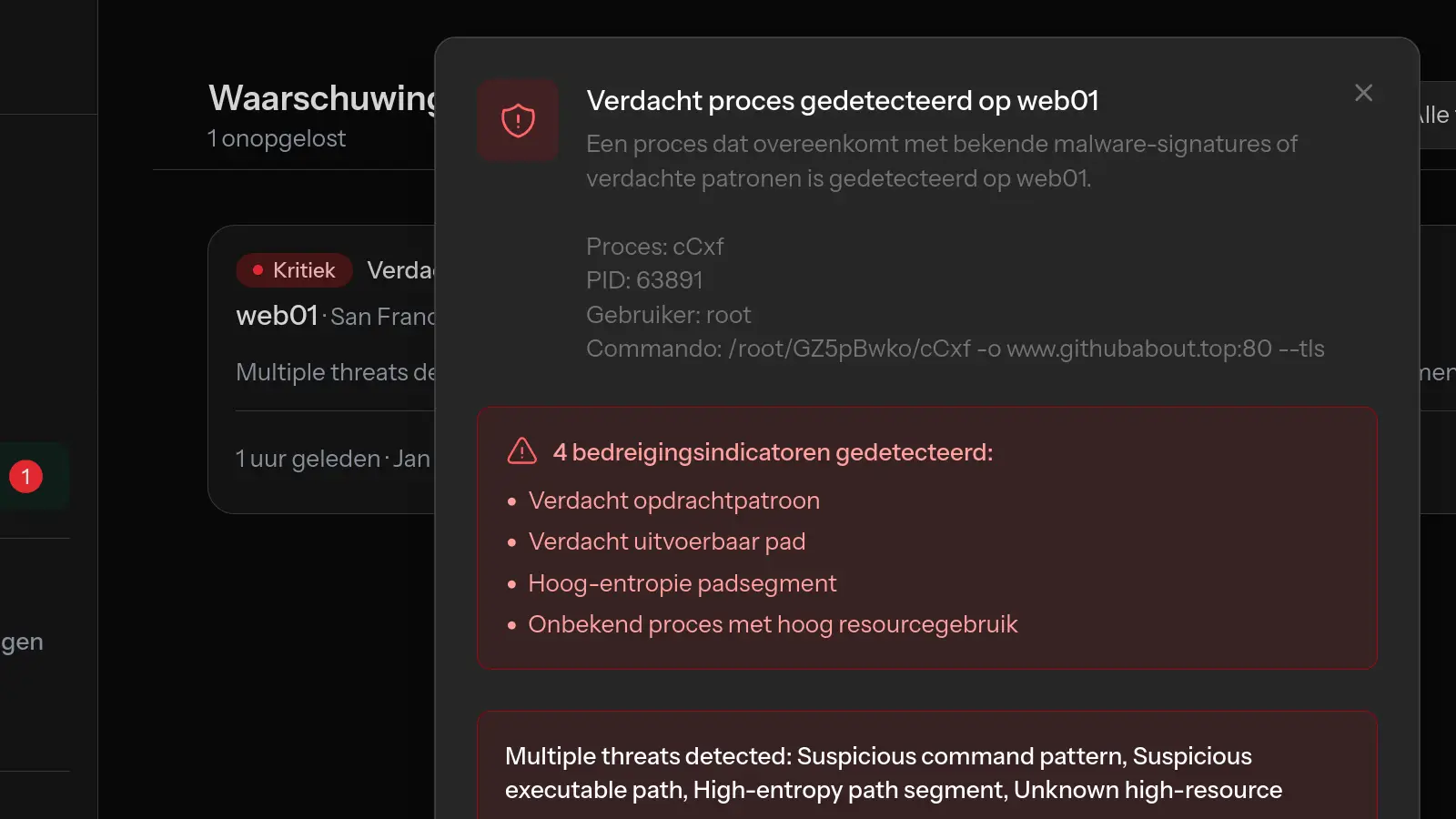Detectie van een cryptominer geïnstalleerd via React CVE-2025-55182